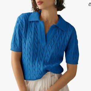 Imily Bela Women's Cable Short Sleeve Sweaters Tops Solid Lapel V Neck Knit Casu